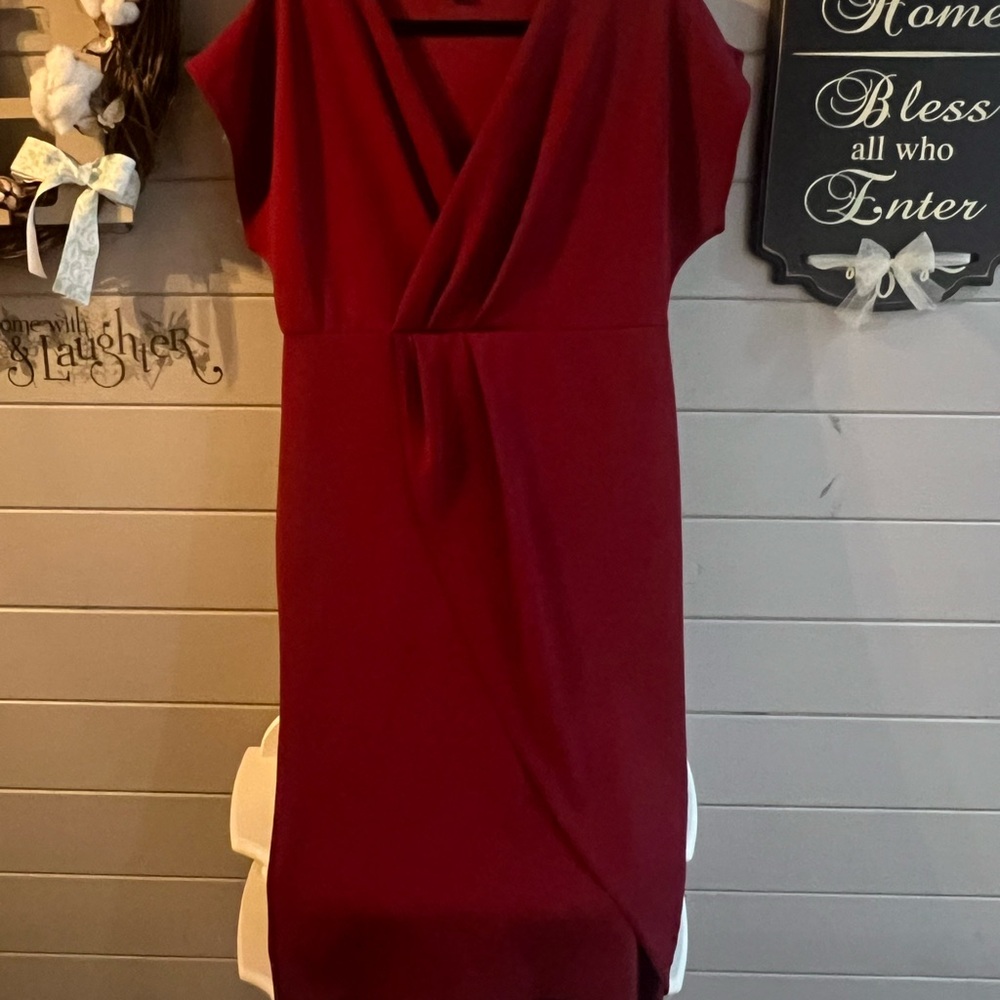 Boohoo Burgundy Ruched Wrap Dress V-Neck Cap Sleeve